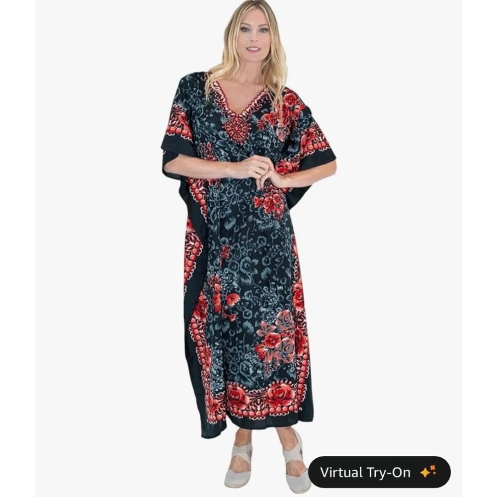 Miss Lavish London Kaftan Maxi Dress Black Red Floral V-NeckLarge NWT